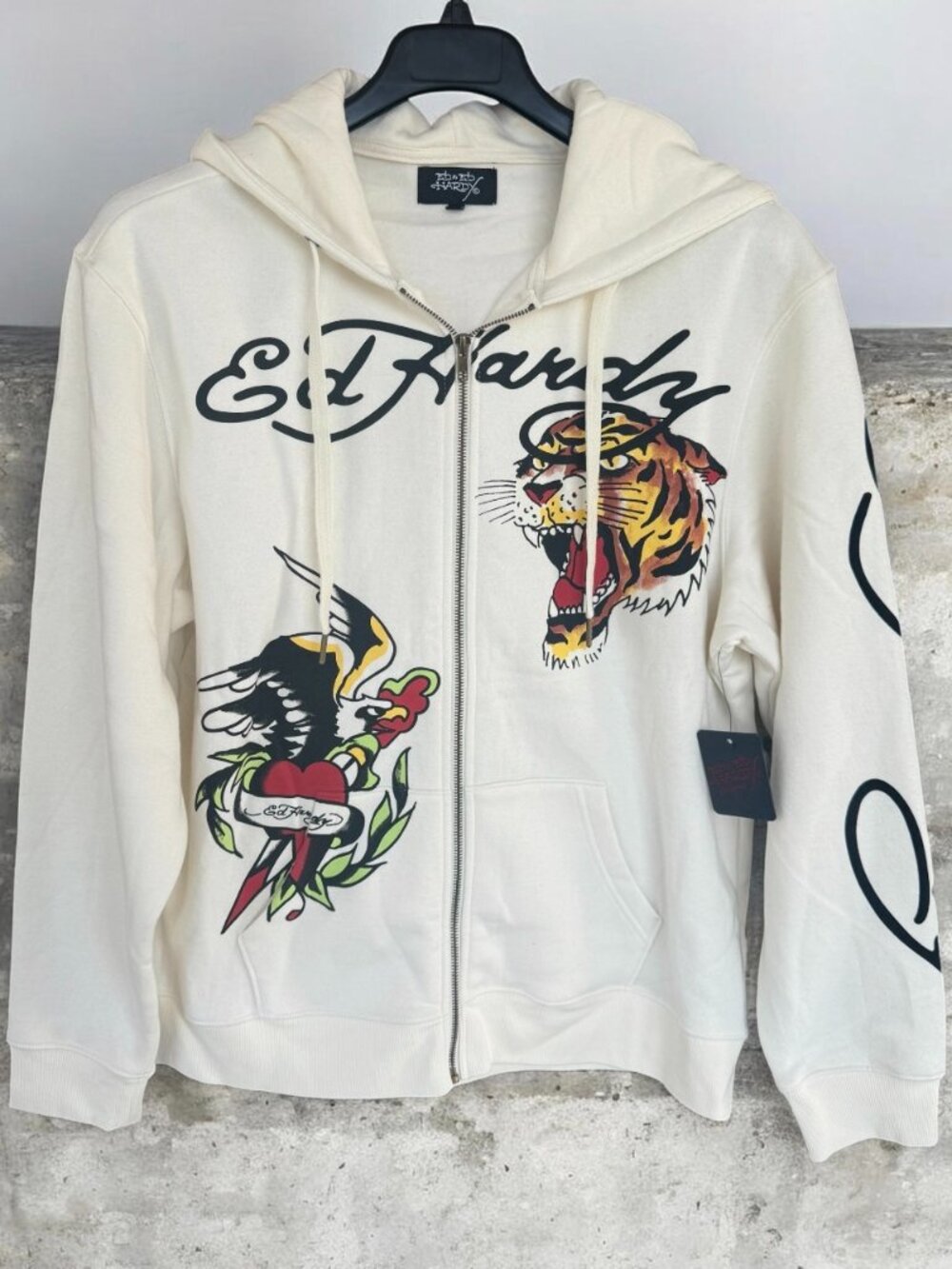 Ed Hardy Men's Full Zip Front Hoodie Graphic Print Tiger Ivory Hood Death NWT